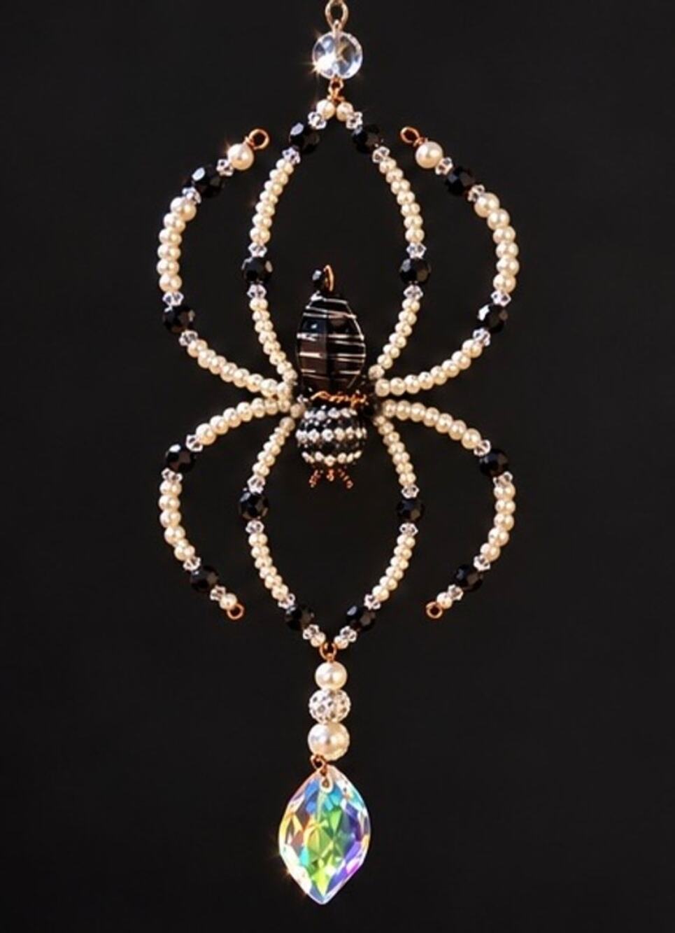 Handmade Beaded Spider Suncatcher with Iridescent Crystal Drop 12”